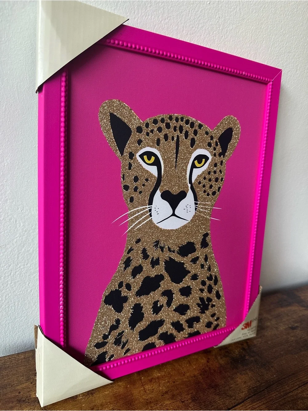 3M Pink Leopard Wall Art Framed Bright Pink Background Gold Glitter Accents NWT